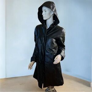 MetroStyle black leather classic hoodie trench coat jacket XS NEW